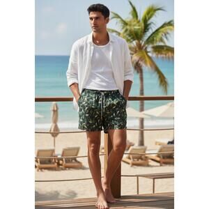 Polonio Green Leaf Camo Drawstring Swim Trunks Size L